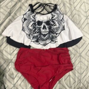 Black and White Skull Print Bikini Top with Red Bottoms